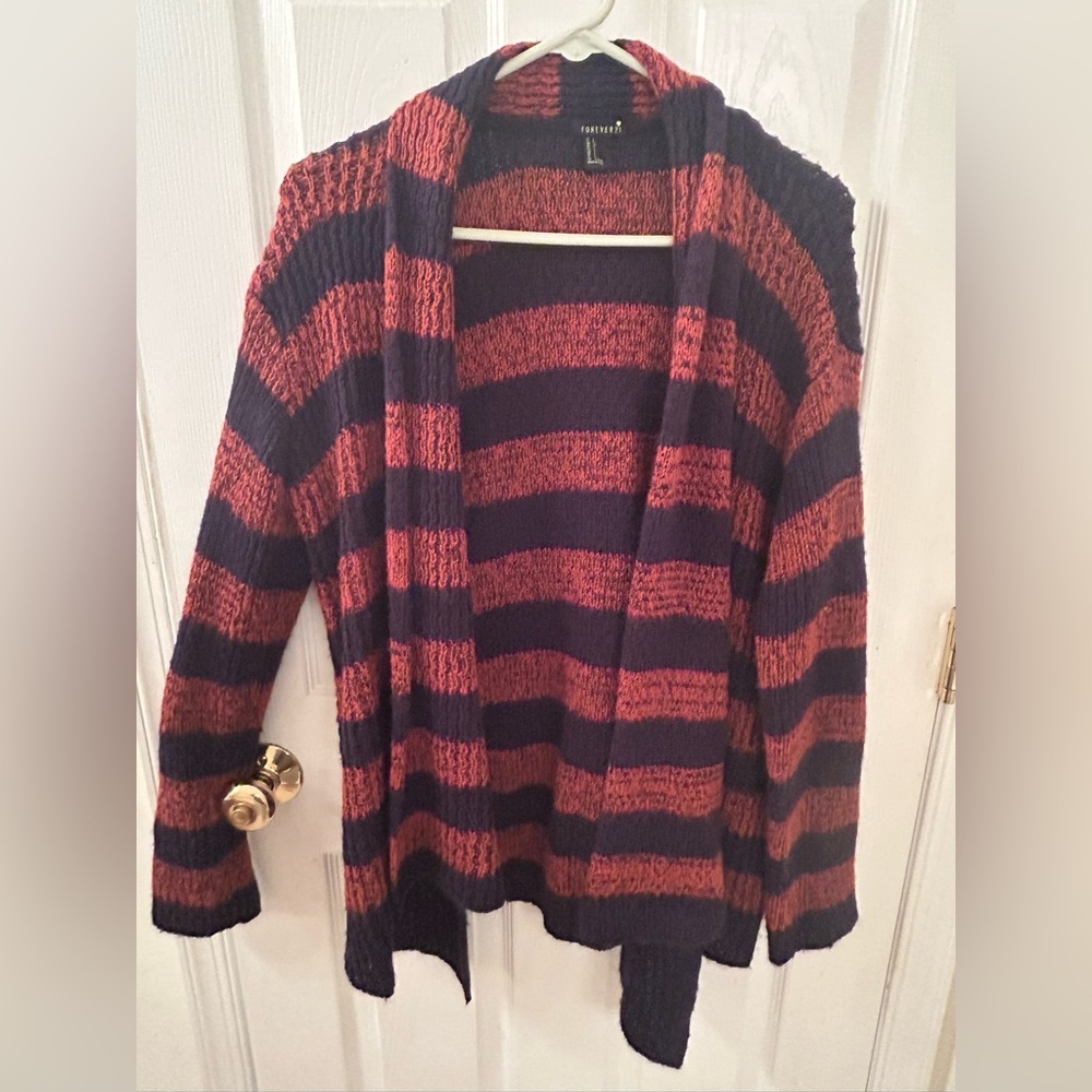 Forever 21 Navy Blue and Orange Striped Cardigan